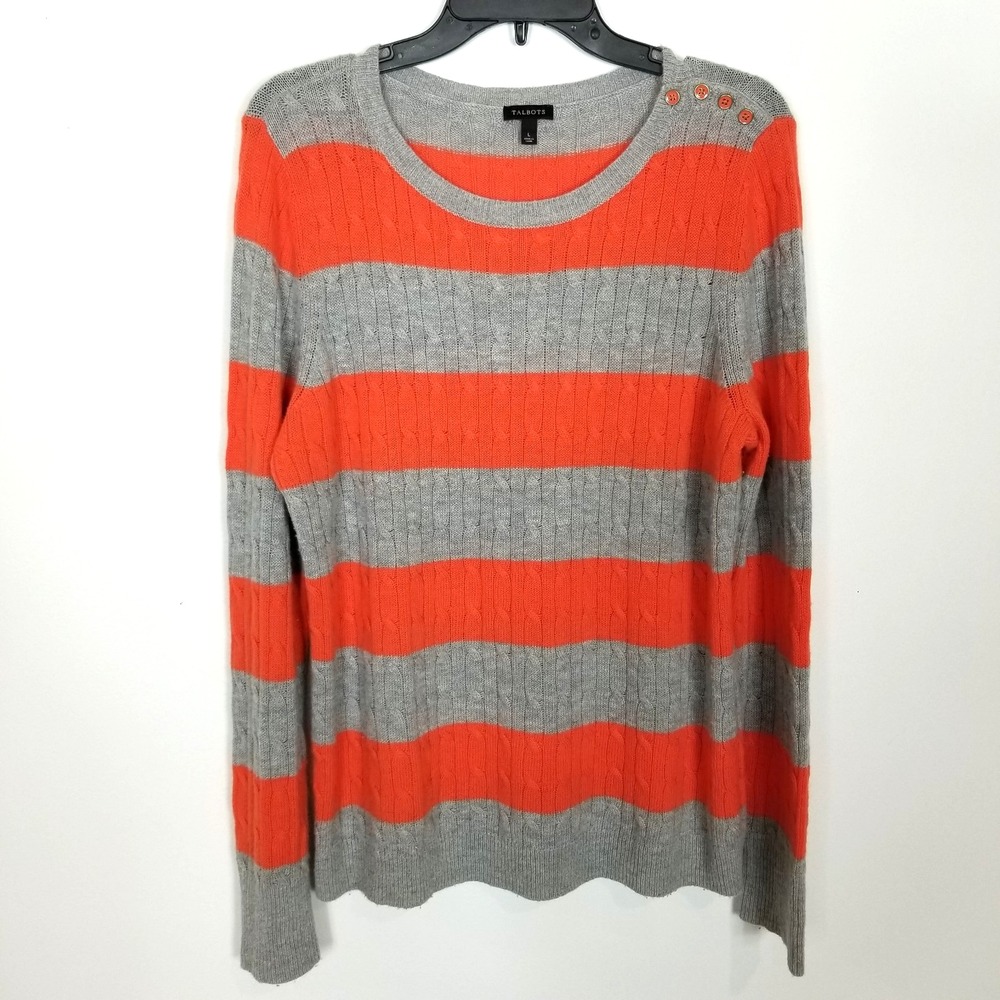 Talbots Women Lambswool Blend Cable Knit Pullover Sweater Sz L‎ Grey Orange